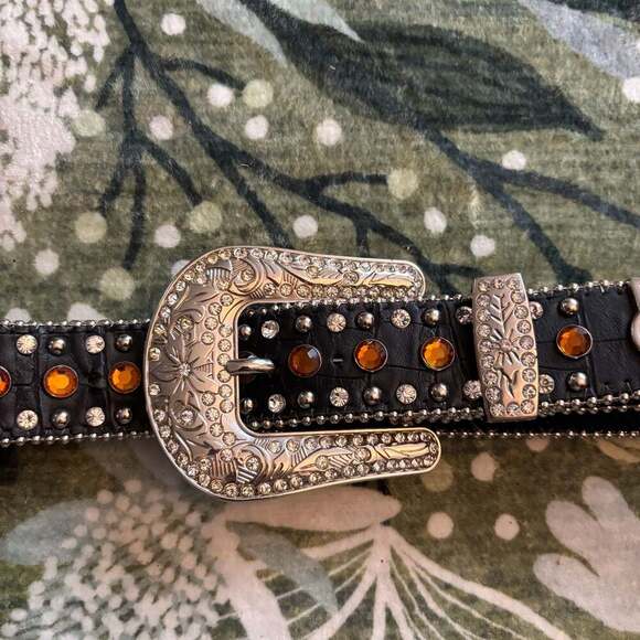 Blazin Roxx Women\'s Black Leather Western Belt with Amber Stones and Rhinestones main image 4